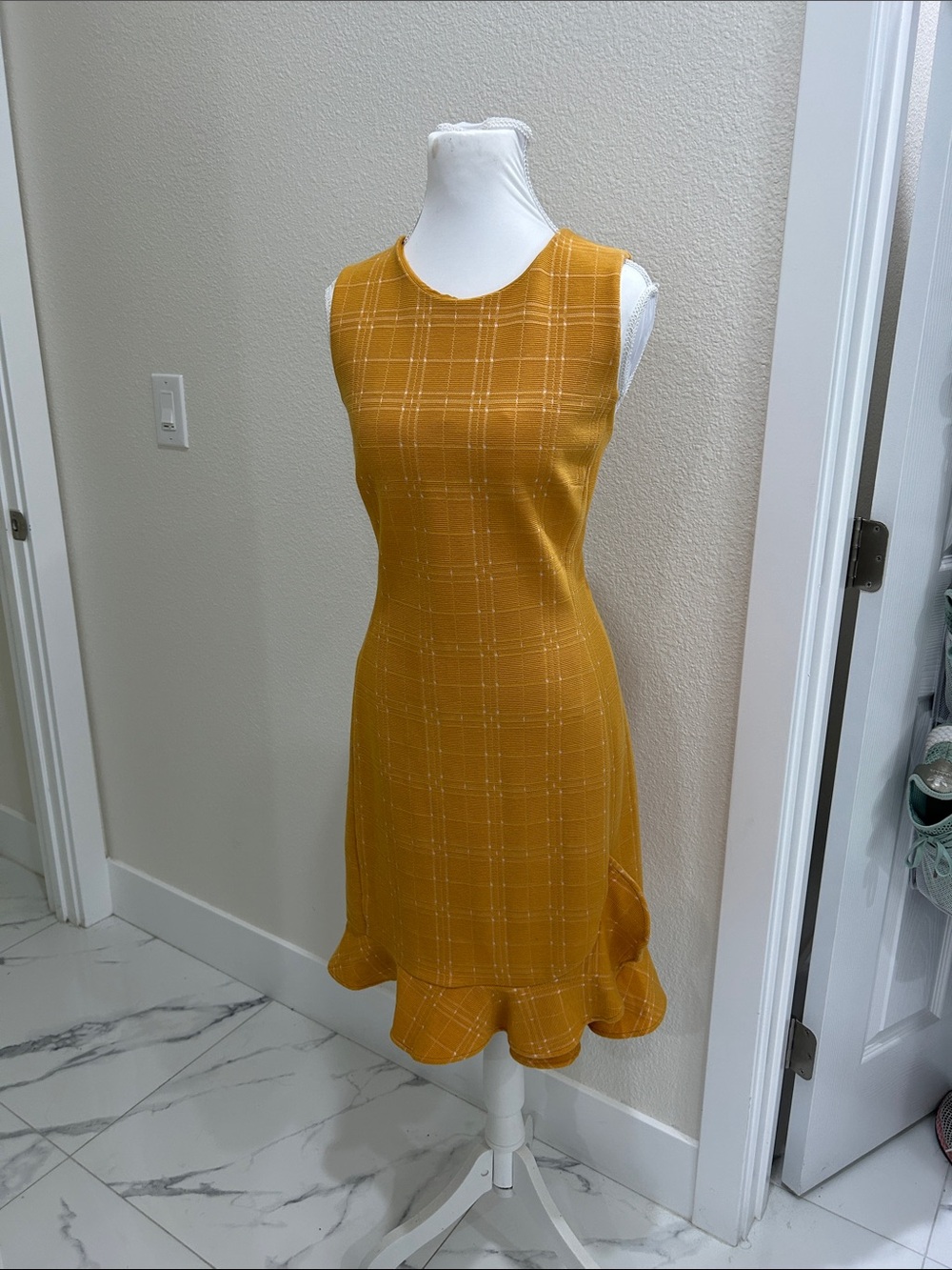 Ann Taylor Mustard Plaid Sleeveless Ruffle-Hem Dress